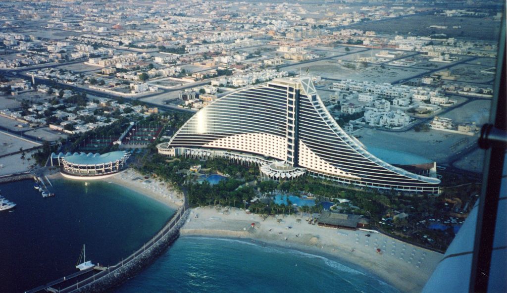 The Jumeirah Beach Hotel as seen from the Al Muntana Skyview Restaurant at the Burj Al Arab Hotel.